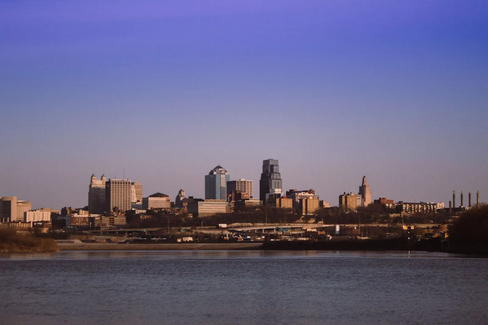 Kansas City skyline across the river at dusk